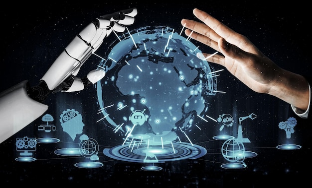 3d rendering artificial intelligence ai research of robot and cyborg development for future of people living digital data mining and machine learning technology design for computer brain