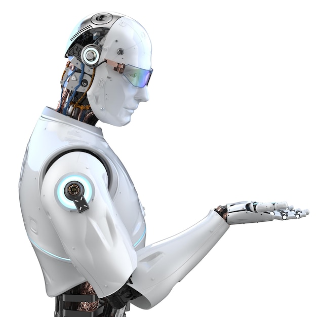 3d rendering artificial intelligence robot or cyborg with empty hand isolated on white