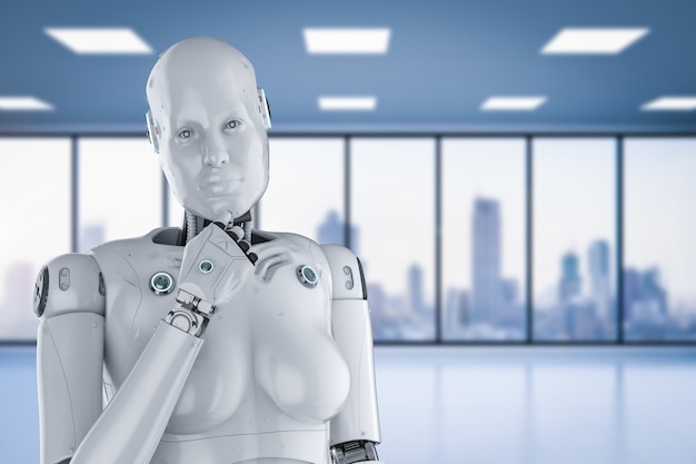 3D-rendering av kvinnlig cyborg eller robot som tänker på kontoret