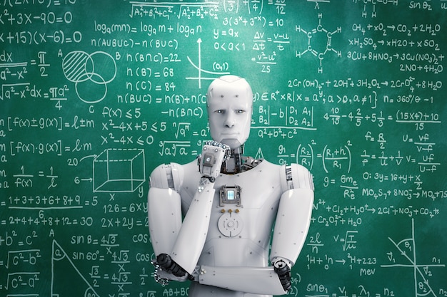 3D-rendering av robot som lär sig eller löser problem
