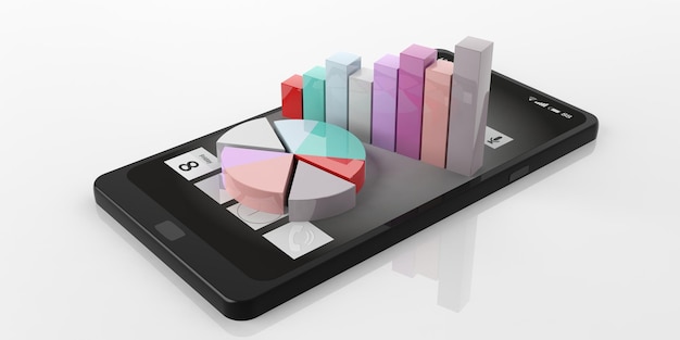 3d rendering bar and pie charts on a smart phone