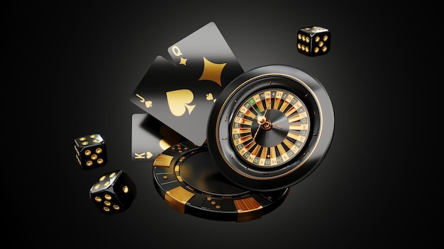 3D-rendering casinobrikker, terninger, roulette og tromle på mørk, sort baggrund