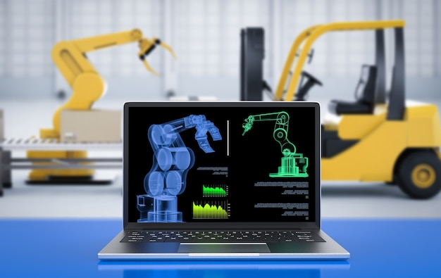 3d rendering computer notebook control robot in factory