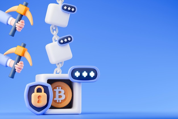 3d rendering concept blockchain technology and cryptocurrency mining illustration.