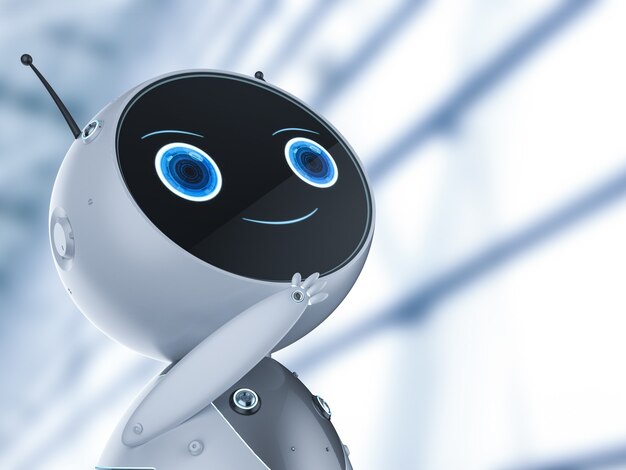 3d rendering cute artificial intelligence robot with cartoon character thinking