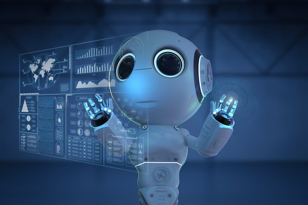 3d rendering cute artificial intelligence robot with hud display