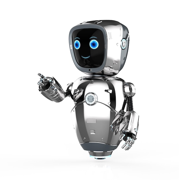 3d rendering cute artificial intelligenceÂ robot or assistant robot finger point isolated on white