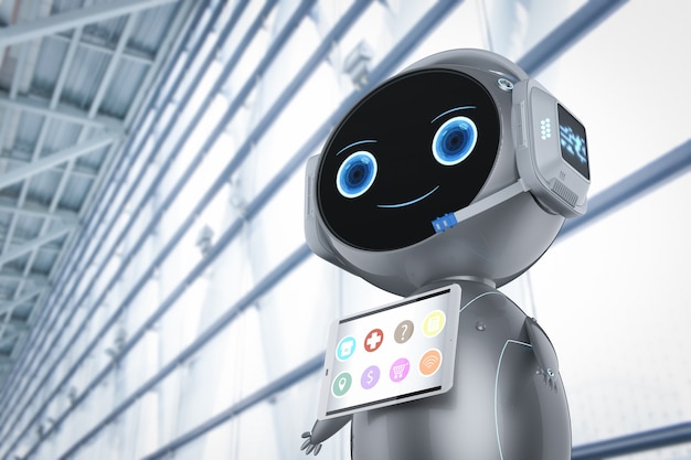 3d rendering cute assistant robot with tablet screen