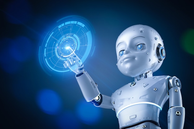 3d rendering cute robot or artificial intelligenceÂ robot with cartoon characterwith graphic display