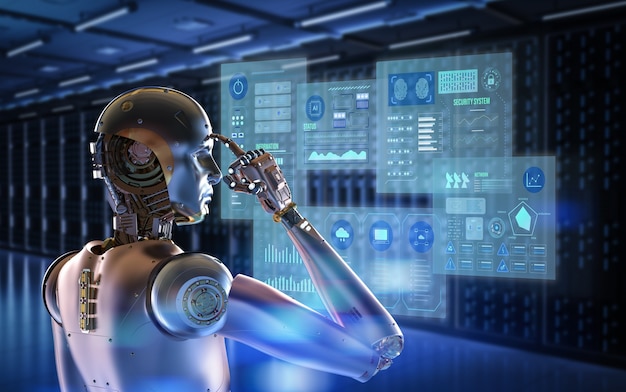 3d rendering cyborg working with virtual graphic display in server room