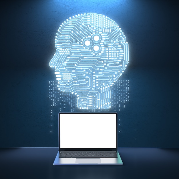 3d rendering empty screen notebook with circuit brain