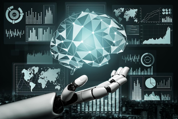 3D Rendering Futuristic robot technology development artificial intelligence AI and machine learning concept Global robotic bionic science research for future human life 3D illustration