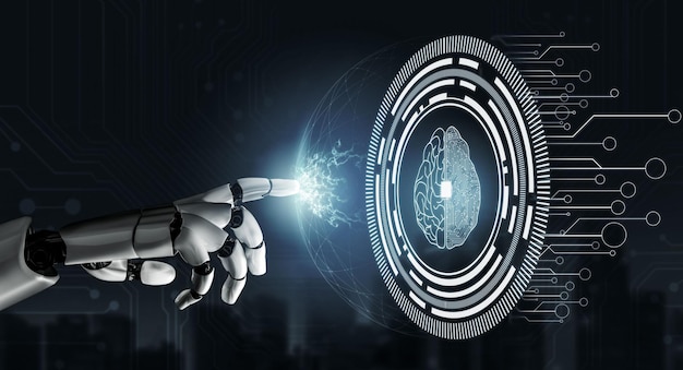 3D Rendering Futuristic robot technology development artificial intelligence AI and machine learning concept Global robotic bionic science research for future human life 3D illustration