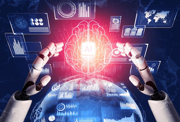 3d rendering futuristic robot technology development artificial intelligence ai and machine learning concept global robotic bionic science research for future human life 3d illustration