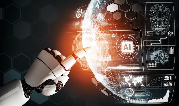3d rendering futuristic robot technology development artificial intelligence ai and machine learning concept global robotic bionic science research for future human life 3d illustration