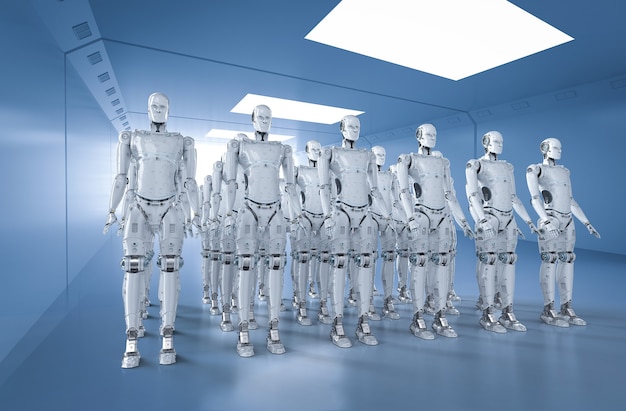 3d rendering group of humanoid robots in a row