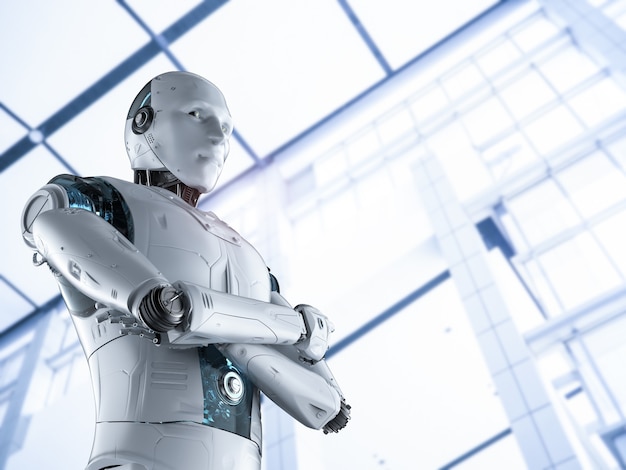 3d rendering humanoid robot arm crossed in office