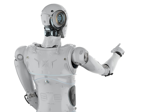 3d rendering humanoid robot finger point on white background