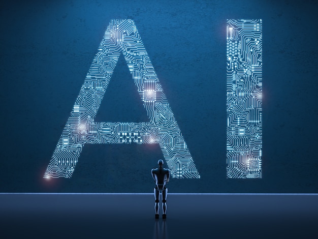 3D-rendering humanoid robot med AI-text i kretsmönster