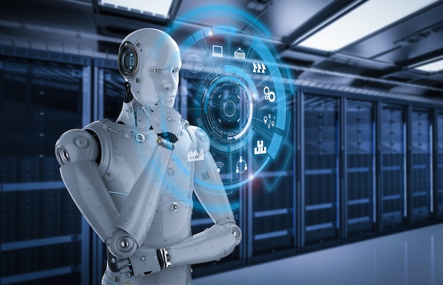 3d rendering humanoid robot playing cube puzzle