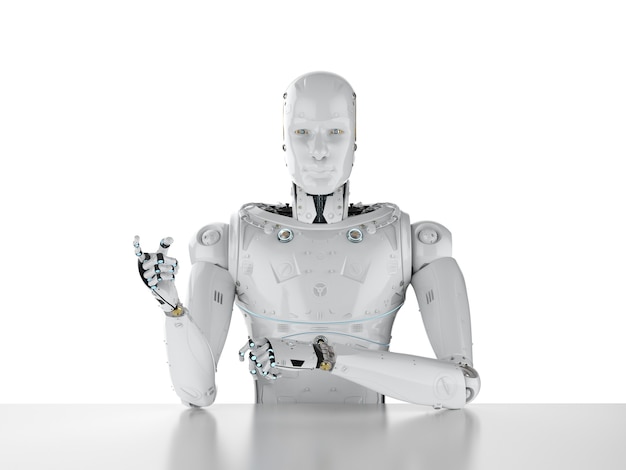 3d rendering humanoid robot sitting behind table on white background