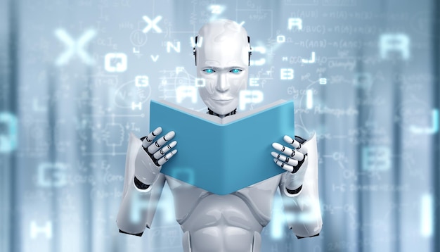 3D-rendering illustration af en robot-humanoide, der læser en bog