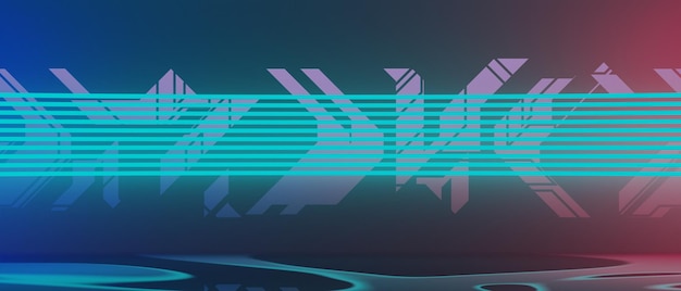 3D-rendering illustration af futuristisk cyberpunk-by, gaming scifi-scene, display-sokkel baggrund, gamer banner-skilt af neon-glød stand podium