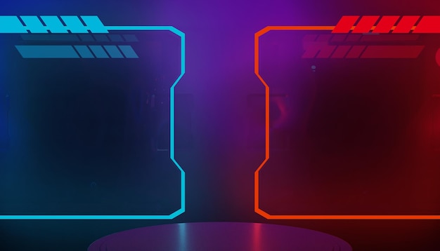 3D-rendering illustration af futuristisk cyberpunk-teknologi med gaming, sci-fi scene, podiebaggrund, gamerbanner og neonglød til produktfremvisning
