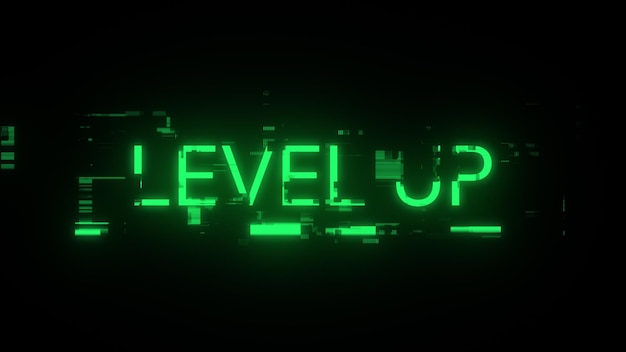 3d rendering level up text with screen effects of technological glitches