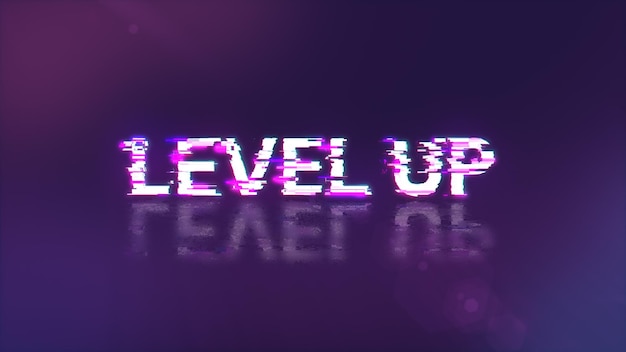 3D rendering level up text with screen effects of technological glitches