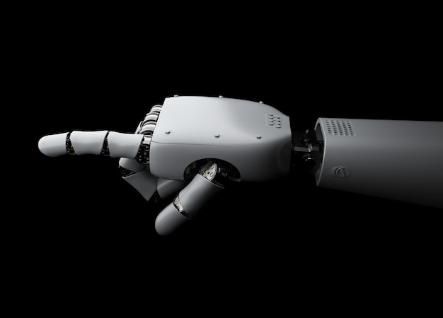 3d rendering metall cyborg hand finger pekar på svart bakgrund