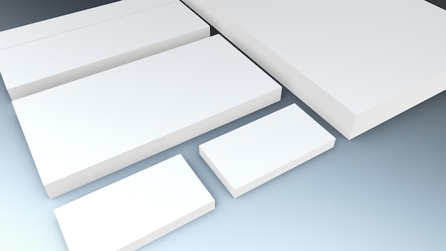 3D-rendering mockups illustrationer til kontorartikler såsom visitkort, brevpapir og kuverter