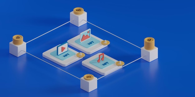 3d rendering NFT or non fungible token Concept blockchain technology isometric illustration