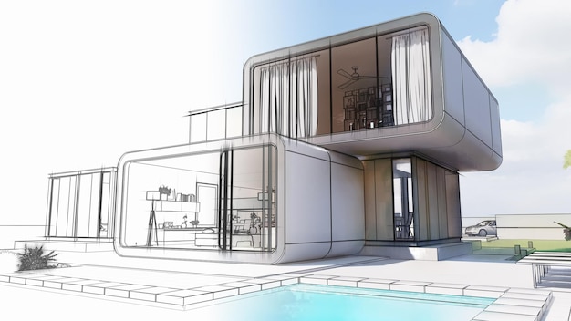 3D rendering of a house architecture draft of a luxury house with garden and pool