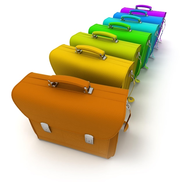 3D rendering of a line of leather briefcases in all rainbow colors