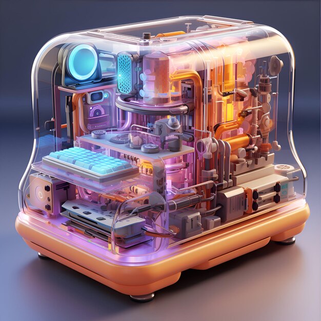 3D rendering of a multicolored robot on a dark background