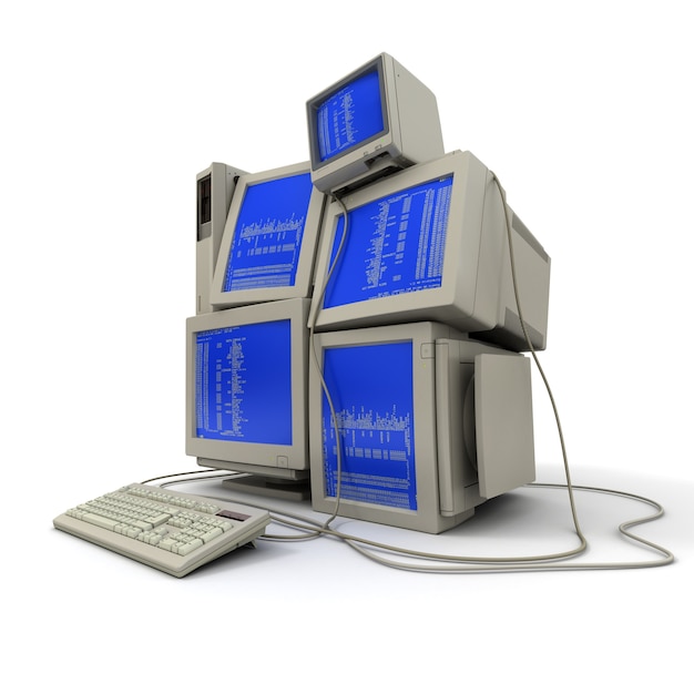 3D rendering of  a pile of computers with a binary code on the screens