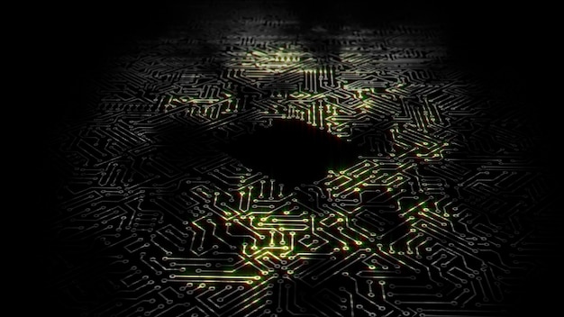3d rendering of an electrical pulse passing through the circuits of a microcircuit