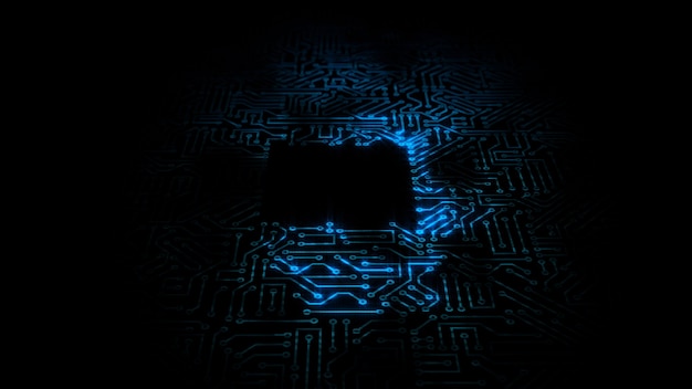 3d rendering of an electrical pulse passing through the circuits of a microcircuit