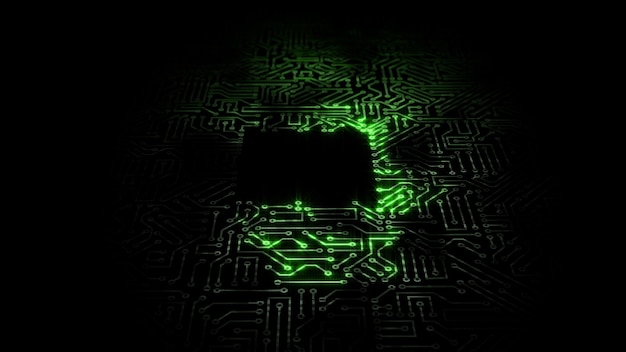 3D rendering of an electrical pulse passing through the circuits of a microcircuit