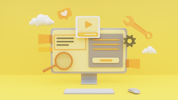 3d rendering of computer showing media content management concept on yellow background.
