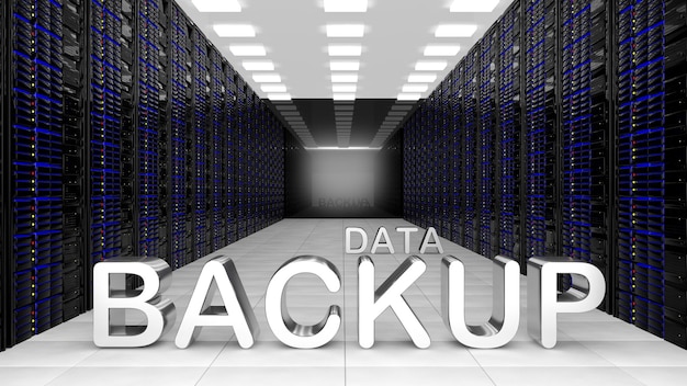3D rendering of dataceter with Data Backup text isolated on white background