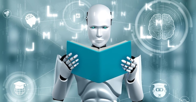 3D rendering of robot hominoid reading book