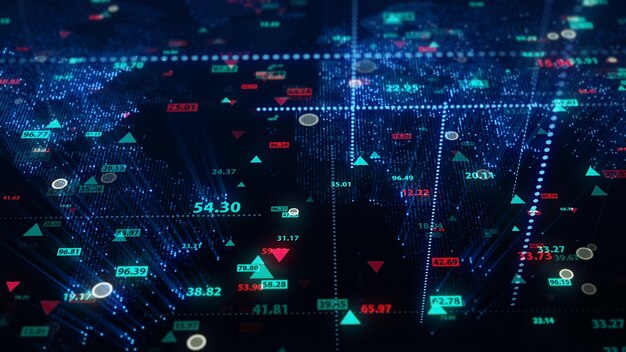 3d rendering of stock market data on digital earth map background