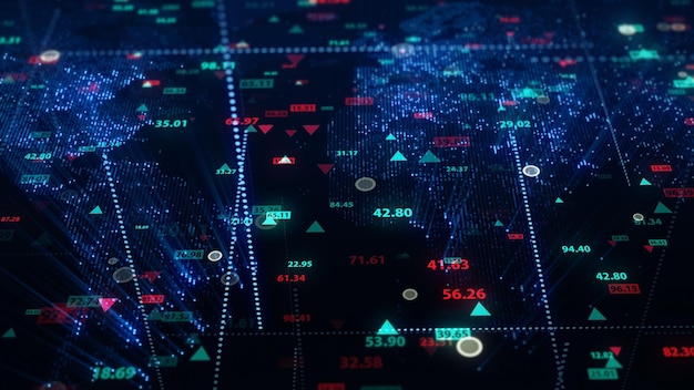 3d rendering of stock market data on digital earth map background