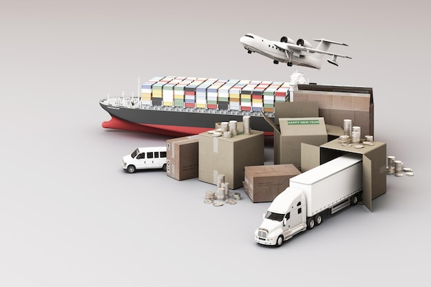 3D rendering of the crate box surrounded by cardboard boxes a cargo container ship a flying plan a car a van and a truck on white background