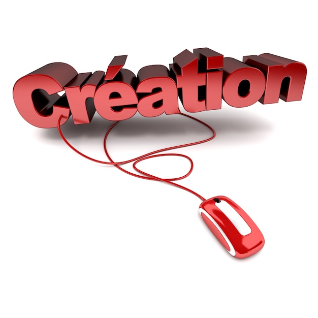 3D rendering of the word creation connected to a computer mouse