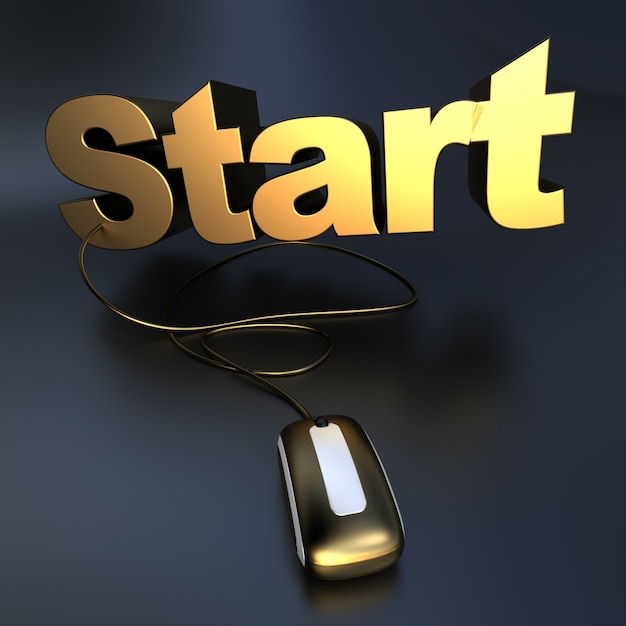 3D rendering of the word start in gold connected to a computer mouse