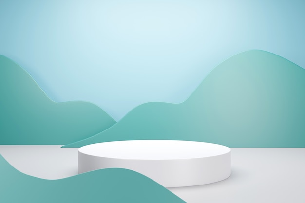 3d rendering of white podium with green cloud or plant pastel color background for product advertising
