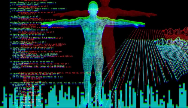 3D-rendering portræt af en mand med glitch-effekt. Cyberpunk-stil. Konceptuelt billede af kunstig intelligens, virtuel virkelighed, dyb læring og systemer til ansigtsgenkendelse